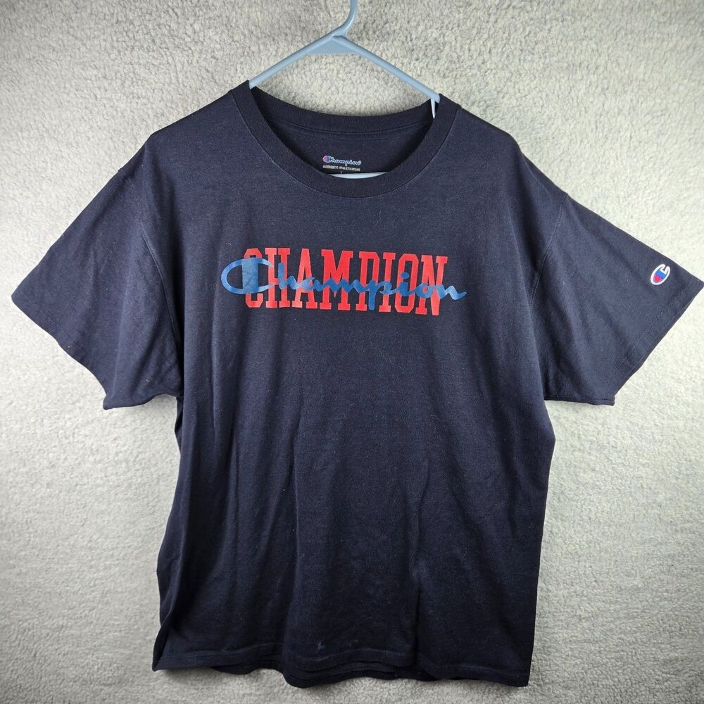 Champion Logo T-Shirt Mens L Black Crew Neck Short Sleeve Embroidered